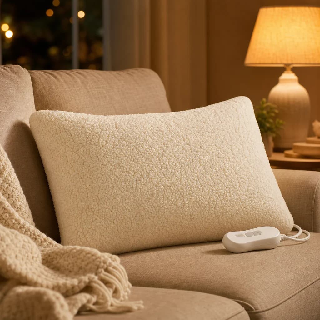 The Comfloom heated pillow on a beige sofa in warm evening light
