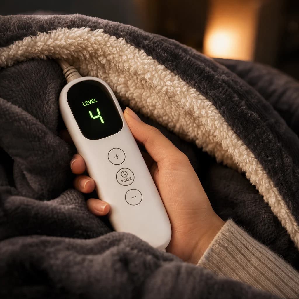 Hand holding the Comfloom heat controller under a sherpa-lined blanket