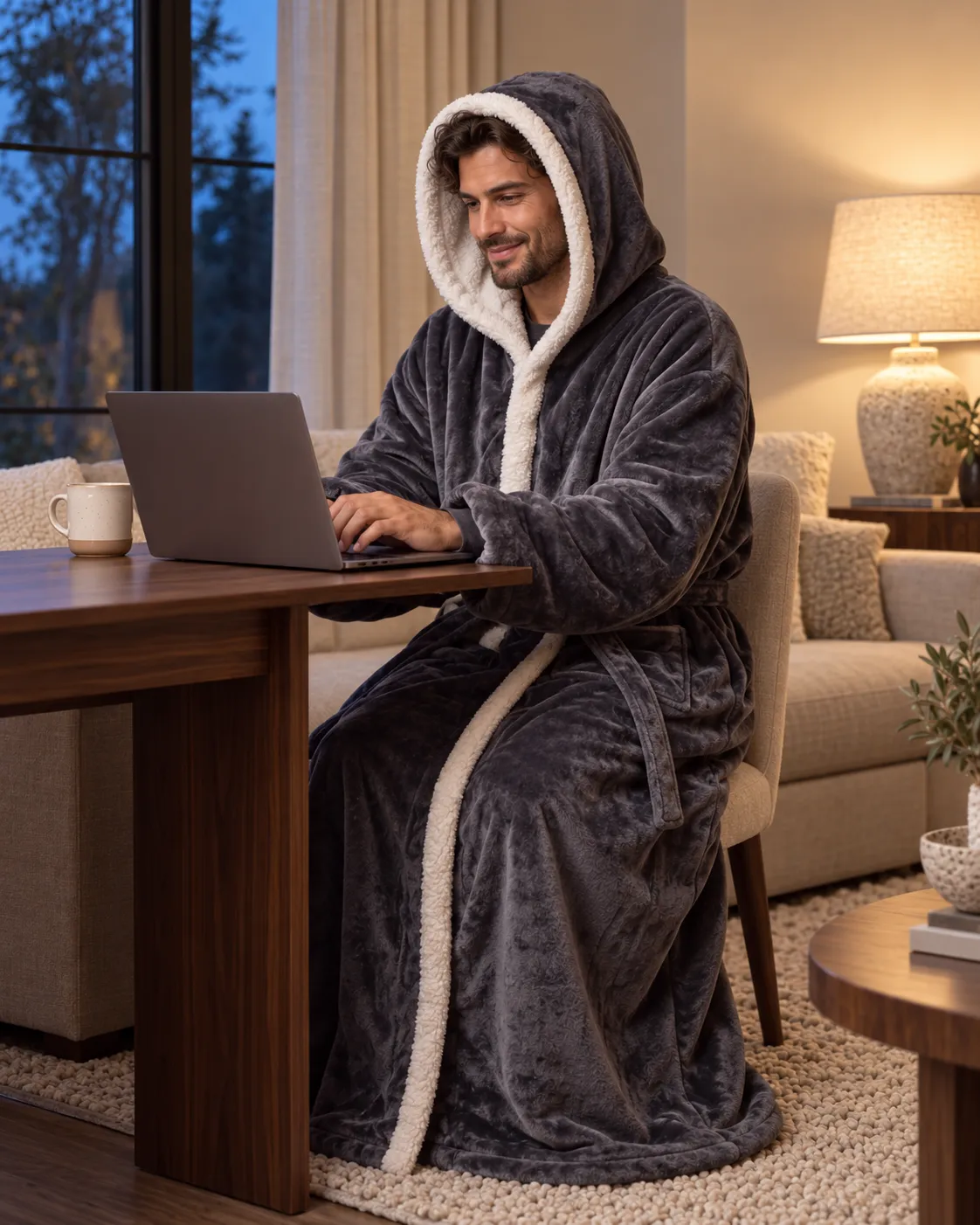 Working at a desk in the Comfloom heated robe