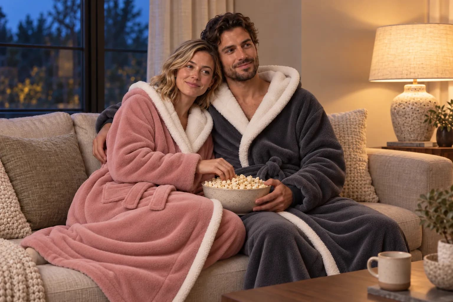 Two people wearing Comfloom heated robes together on the sofa